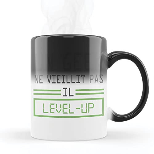 Magische Tasse wechselt die Farbe, wärmeempfindlich, temperaturbeständig - aus Keramik mit Motiv Geek Level Up