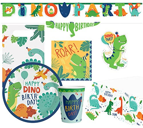 amscan 9907564-66 – Kit Dinosaure 51 pièces – Vaisselle jetable & décoration pour Anniversaire d'enfant, fête à thème, Imprimé Animal, Multicolore