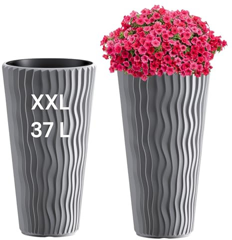 Blumentopf mit vertikaler Wellenoptik herausnehmbarem Einsatz aus Kunststoff Pflanzkübel (Grau, XXL)