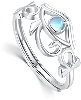 Auge Des Horus 925 Sterling Silber Mondstein Ring - Verstellbarer Ägyptisches Ankh Amulett Schmuck - Geschenk Für Frauen Mädchen