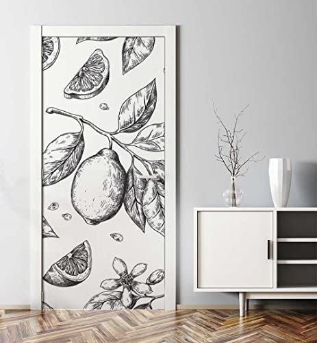 MyMaxxi - Tür bekleben mit Türtapete Türposter Türfolie Selbstklebend 90x200 Zitronen Zeichnung - Tür verschönern Türaufkleber Türklebefolie Küche Essen Nahrung schwarz weiß