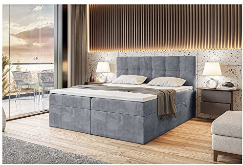 MEBLINI Boxspringbett mit Bettkasten - Gepolstert Doppelbett mit Matratze und Topper - Polsterbett mit Stauraum - Bett mit Kopfteil - Stauraumbett - RACO - 160x200 - H3/Grau Samt