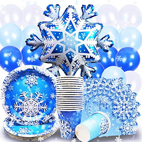 Schneeflocke Partygeschirr,Weihnachten Party Set, Kindergeburtstag, Party Deko, Baby Shower, Tischdekoration im Winterwunderland,Schneeparty-Dekorationsset, Schneeballons