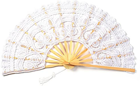 Burkfeeg White Lace Folding Fan - Womens Lace Spanish Wedding Bridal Fan with Tassel for Wedding Party Gift Wall Hanging Decoration Photo Props