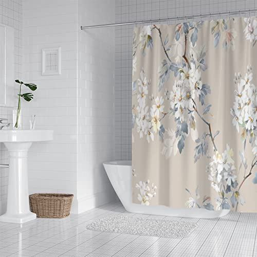 Tenda Doccia Fiori Bianchi Beige Tenda Doccia Antimuffa Tenda per Doccia Resistente Poliestere Tende Doccia Impermeabile Tenda Vasca da Bagno Moderne Tende Finestra Bagno 180x220cm