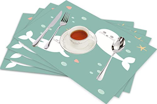 Set di 4 tovagliette all'americana, con motivo con simpatiche foche di mare e giovani personaggi disegnati, design piatto, antiscivolo, antimacchia, resistenti al calore, per sala da pranzo, casa,