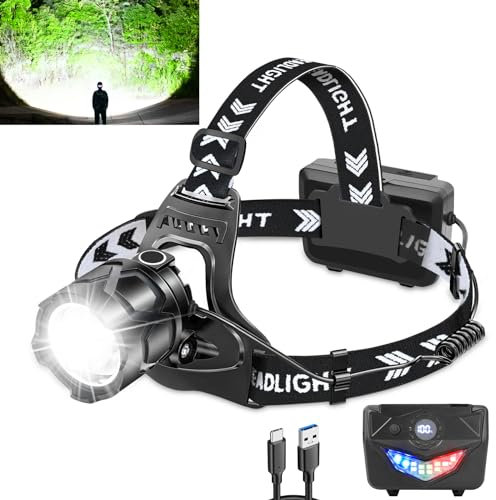 PARAROSE LED Rechargeable Head Torch USB, Head Light Torches Super Bright 90000 High Lumen, Battery Included, Zoomable, Waterproof Head Lamp for Adults for Camping Hunting Running Fishing Biking