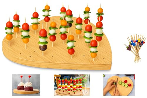 Heart-Shaped Bamboo Appetizer Skewer Holder COMES WITH 50pcs of Bamboo Picks. Wooden Stylish and Cute Food Pick Stand for Buffets & Cocktail Parties, Also Serve as a Cutting Board or a Serving Tray