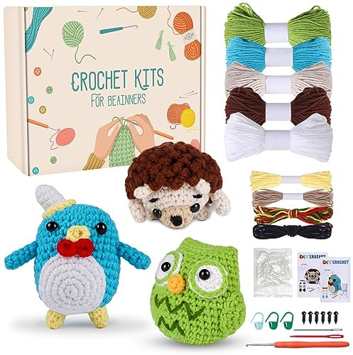 Jodimitty Häkelset Tiere Häkeln für Anfänger Erwachsene 3 Stück (Igel & Adler & Pinguin) All-in-One Häckeltierchen Set Crochet Set mit Anleitung, Häkelzubehör DIY Bastelgeschenke
