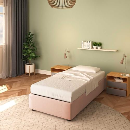 Baldiflex Letto Singolo con Contenitore Modello Cloe in Tessuto, Senza testiera, Rete a Doghe, per Materassi 80x190 cm, Colore Rosa Antico