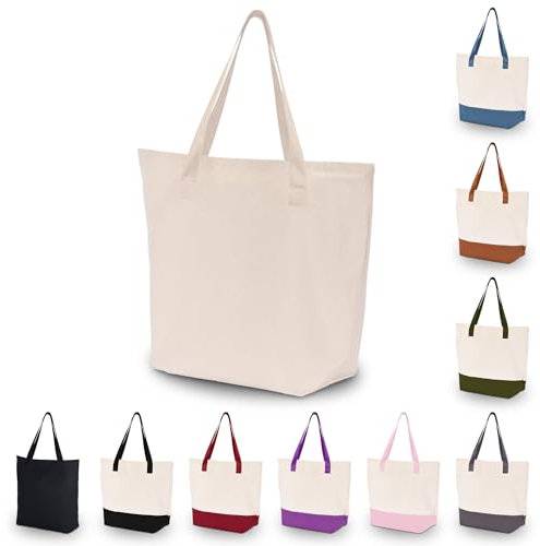 HIFA Tragetasche für Damen, Canvas-Tragetasche, zweifarbig, Reißverschluss oben, extra Innentasche, Mehrzweck-Schultertasche, Natürlich, Large
