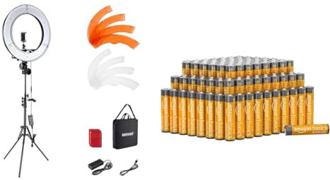 NEEWER Ringlicht mit Stativ Set: 18 Zoll/45cm Außen 55W 5600K Dimmbare LED Ringleuchte mit Bluetooth Fernbedienung & Amazon Basics AAA-Alkalibatterien