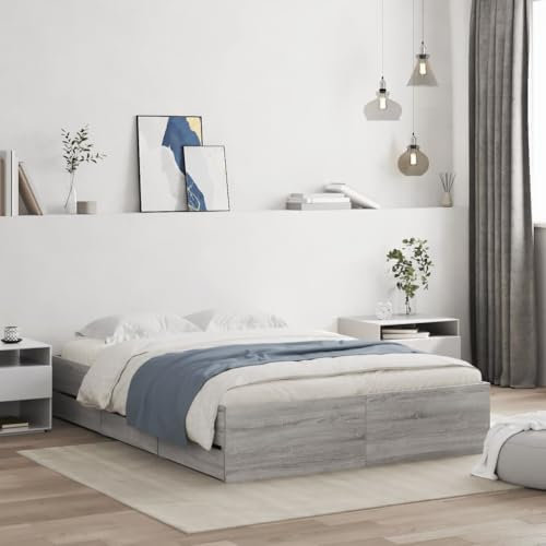 vidaXL Engineered Wood Small Double Bed Frame with Drawers - Grey Sonoma, Plywood Slats, Ample Storage, Modern Bedroom Furniture, 120x190 cm