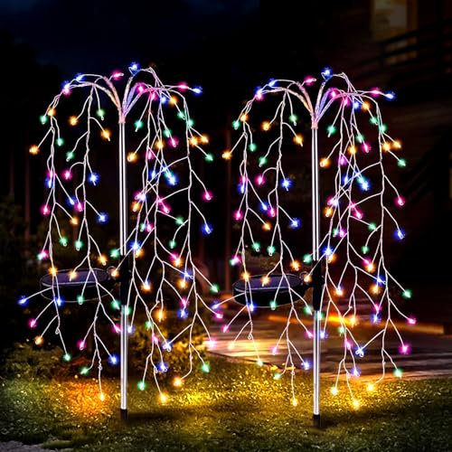 JIMACRO Solar Ground Willow Tree Outdoor Light, 2Pcs 240LEDs, 8 Modes Waterproof Copper Wire Fairy Starburst Garden Decor for Walkway, Yard, Pathway, Lawn, Patio