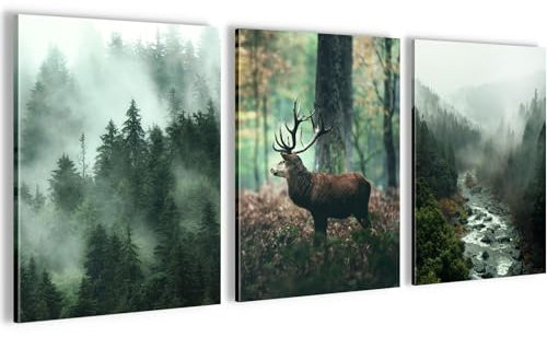 Novart Wandbilder Set Wald Hirsch - KOMPLETT AUFHÄNGFERTIG - Wohnzimmer Schlafzimmer Deko - 3 Moderne Bilder Natur Grün - N004635a