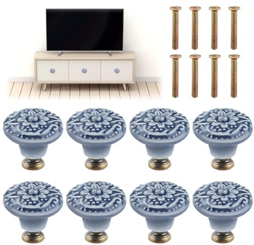 Taoduod 8 Pcs Greyish Blue Ceramic Knobs 34x31mm Ceramic Cabinet Door Knobs Ball Shape Door Pull Handles Blue Retro Ceramic Dresser Knobs with Screws Ceramic Single-Hole Handle with Embossed Pattern