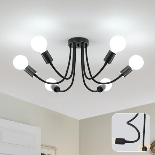 Dorlink Deckenlampe E27 Vintage, 6 Glühbirnen Wohnzimmerlampe, Drehbarer Deckenleuchte Industrial Schwarz, Art Deco Kronleuchter, Lampe Decke für Schlafzimmer, Küche, Esszimmer(Ohne Glühbirnen)