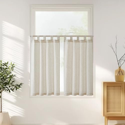 TOPICK 2er Set H 115 x B 65 (cm) Scheibengardinen Küche Beige Leinen Bistrogardine mit Schlaufen Küchengardinen für Balkontür Wohnwagen Landhausstil Bauernhaus Gardinen Kurz Halbtransparente