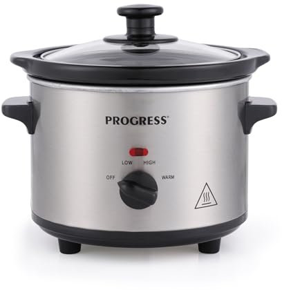Progress 1.5L Slow Cooker – 3 Heat Settings, Keep Warm Function, Dishwasher Safe Ceramic Pot, Adjustable Controls, Cool-touch Handles, Tempered Glass Lid, Single Person Cooking, EK6263P