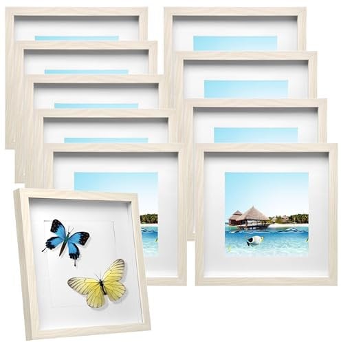EUGAD 10er Set Bilderrahmen Fotogalerie, 20x20cm, Eiche, tiefer Rahmen für Objekte bis 1,5 cm, Holzrahmen mit Papier-Passepartout, mit Glasscheibe, 3D Objektrahmen
