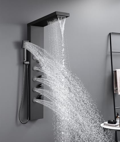 ROVATE 4-in-1 Rainfall Waterfall Shower Panel Tower System, Matte Black