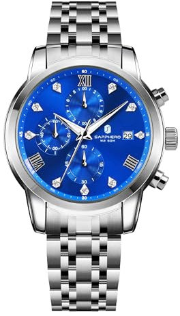 SAPPHERO Herrenuhr Edelstahl 50m Wasserdicht Leuchtende Stilvolle Armbanduhr Datum Analog Quarz Silber-Schwarz - Geschenk für Herren