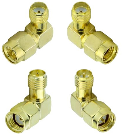 ACONRFTOL 4 Stück SMA auf SMA/RPSMA Adapter, 90 Grad, Gold, Kompatibel mit Antenne, Koaxialkabel, RF-Geräte