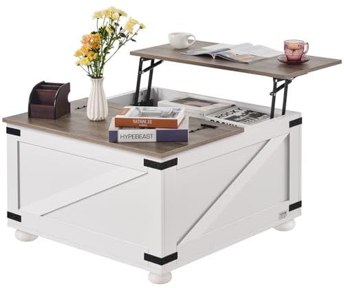 VEVOR Couchtisch Kaffeetisch im Farmhouse-Stil, quadratischer Couchtisch mit Klappplatte & Ablagefach, rustikaler Cocktailtisch aus Holz für Wohnzimmer Schlafzimmer Apartment Studio (Grau + Weiß)