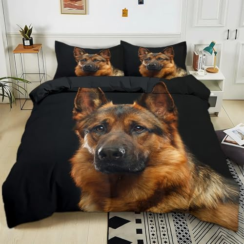 Generisch Bettwäsche 135x200 cm Tier Deutscher Schäferhund 3D-Druck Bettwäsche-Sets, Weich Mikrofaser Bettbezug 3-Teilig mit 2 Kissenbezüge 80x80 cm, Bettwäsche Set mit Reißverschluss