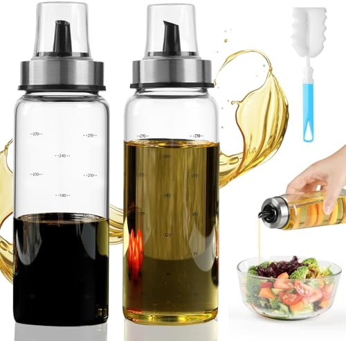 SXTIHD 2-in-1 oil and vinegar bottle, 300 ml, olive oil dispenser with automatic closure, includes cleaning brush
