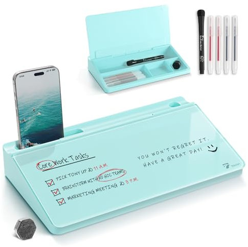 TOWON Small Glass Desktop Whiteboard with Storage – 30 x 17 cm Dry Erase Board for Desk, Home Office, School | Includes 5 Markers, Eraser & Holder | Space-Saving Organizer, Aesthetic Teal Blue Design