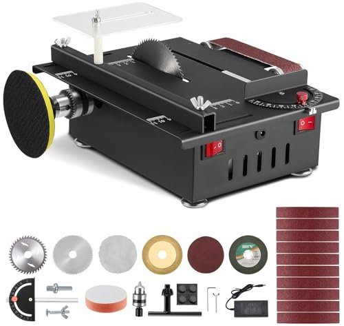 Mini sega circolare da tavolo, piccola con levigatrice a nastro, 300 W, multifunzione, portatile, di precisione, fai da te, in miniatura, con 4 lame, lama per sega da 0,1 – 30 mm, per artigianato in