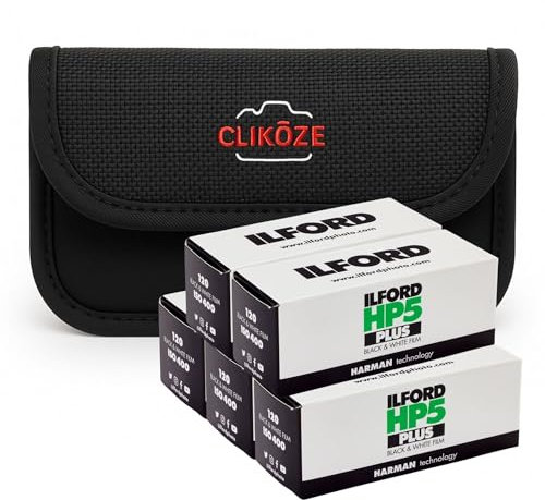 Kamerafilm-Set mit Ilford HP5 120 Schwarz-Weiß-Film ISO 400 x 5 und Clikoze Aufbewahrungskoffer