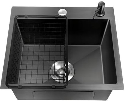 40X45cm Black Kitchen Sink Undermount Drop-in Single Bowl Stainless Steel with Drainpipe Set + Drain Basket + Soap Dispenser Nano-Coating for Family Restaurant Laundry Room Basement bar USW