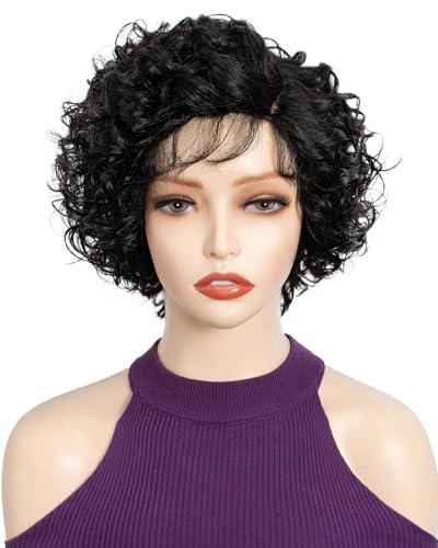 FASHION IDOL Pixie Curly Schwarze Echthaarperücke C-Typ Lace Wear and Go Kurze lockige Bob Perücke für Frauen 8 Zoll