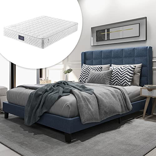 LANTRO JS Polsterbett 140x200cm, Doppelbett in Blau Leinen, Bodenbett, Bettgestell mit Federkernmatratze, Lattenroste aus Holz,Blau