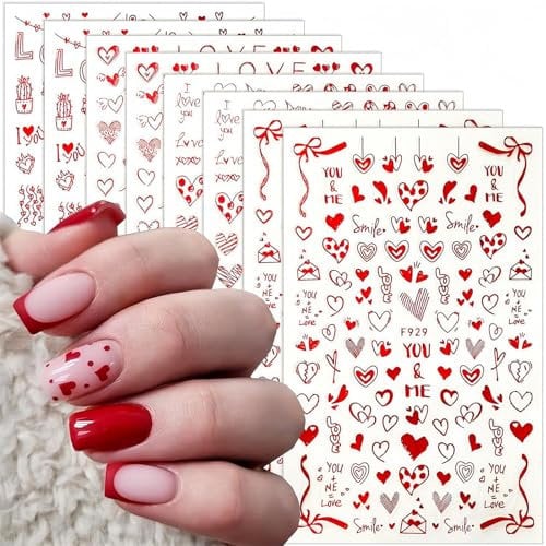 Heart Nails Art Stickers Love Hearts Nails Decals Adhesive Red Love Heart Designs Nails Stickers For Women Girls Valentines Day Stickers