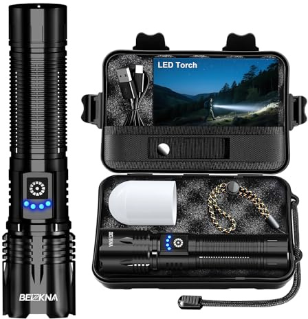 Torches LED Super Bright USB Rechargeable 50000L Flashlight 24h Long Battery Life Adjustable Focus, 5 Modes Powerful Tactical Torch IP67 Waterproof Outdoor Flash Light for Camping Hiking Emergency