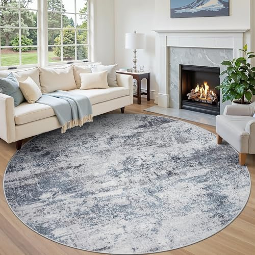 Aelenmu Runder Teppich, waschbar, für Esszimmer, Wohnzimmer, 2,4 m | Modern, abstrakt, rutschfeste Unterseite, weich, niedriger Flor, faltbar, wasserabweisend, haustiersicher, fusselfrei