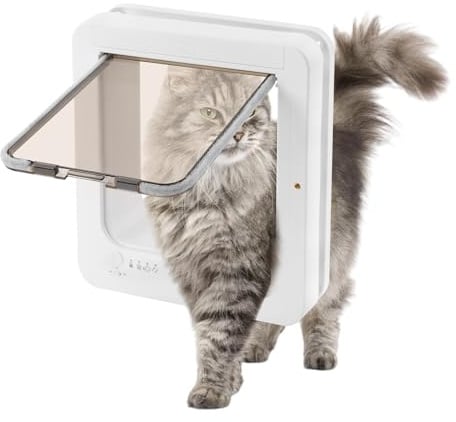 Smart Pet Door mit RFID-Halsbandschlüsseln, 4 Schaltmodi und Fernbedienung – für Katzen und Hunde bis zu 25 Pfund, nstallation in UPVC-Türen, Glas und Holz (Weiß)