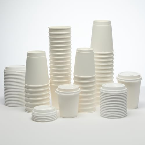 London Coffee Cups Double-wall Disposable Coffee Cups with Lids. 8-12oz, White, for hot Coffee and Other Drinks, take Away Coffee Cups (500, 12oz)