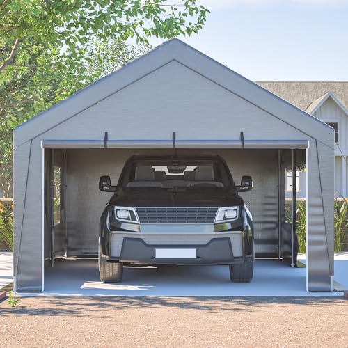 6x4x3m Allwetter Zeltgarage mit wasserdichter PE Plane und Fenstern, Tragbarer Garagenunterstand mit Rolltoren und UV Schutz, Robustes Stahlrahmen Carport für Auto Boot Gartenlagerung Grau