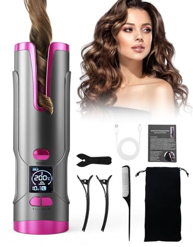 Automatic Hair Curlers, 5200mAh Cordless Curling Wand & Curling Tongs with 6 Heat Settings, Rechargeable Curling Iron Set with Accessories and Travel Storage Bag for Home & Travel