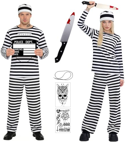Gefängnis Kostüm Herren Prisoner Costume Gefangener Kostüm Damen Häftling Schwarz Weiße Streifen Oberteile Hosen Hut Sträfling Knast Outfit Erwachsener Halloween Tattoo Aufkleber Cosplay Karneval XL