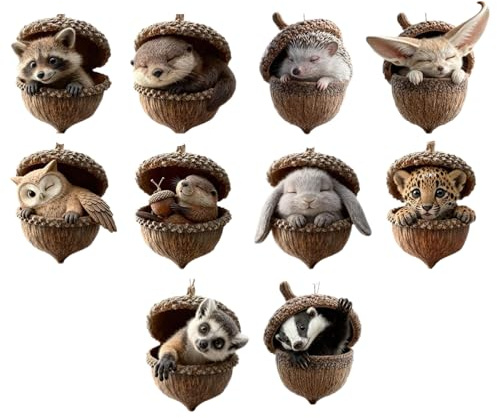 10 Stück Waldtiere Eichels Ornaments,3D Natur Forests Animal Acorn Ornaments, Tannenzapfen Weihnachtsbaumschmuck Deko, Tierfiguren Anhänger Festtags Weihnachtsbaumschmuck