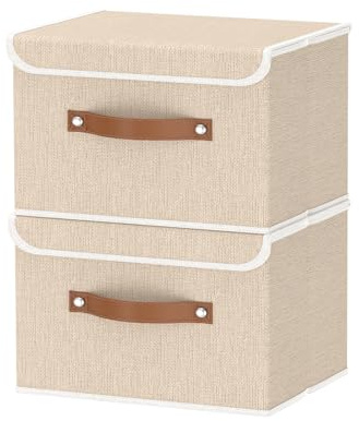 OUTBROS Storage Boxes with Lids 2 Pack, Bins 26x20x17 cm, Beige | Collapsible Storage Box with Handle, Organiser Containers for Shelves, Linen Fabric Clothing Basket