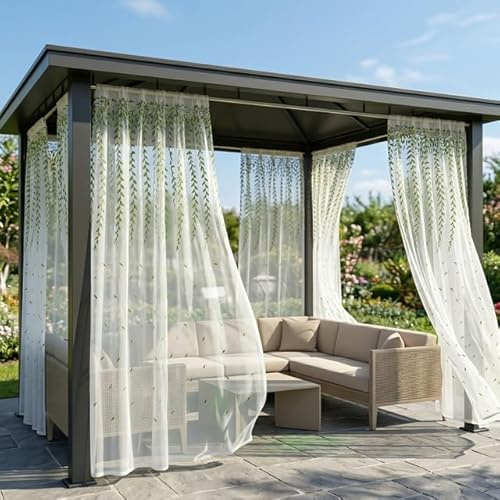 Rosnek 2er Set Outdoor Vorhang Pavillon Gardinen mit Blumenstickerei, Moskitonetz Pavillon & Insektenschutz, Hochdichtes, Netzgewebe Mückenschutz für Terrasse Balkon Garten, H 245 x B 140 cm