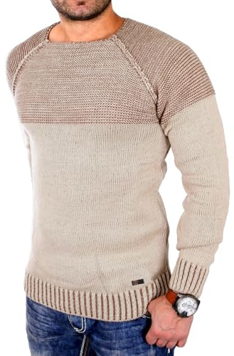 Reslad Strickpullover Herren Two Tone Rundhals Pullover Grobstrick RS-16081 (3XL, Camel)