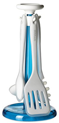 Omada Design 4 Mestoli in Silicone con Porta Mestoli in plastica, Pratici, Antiaderenti, Antigraffio e Resistenti fino a 230° C, Lavabili in Lavastoviglie, Linea Trendy, Turchese