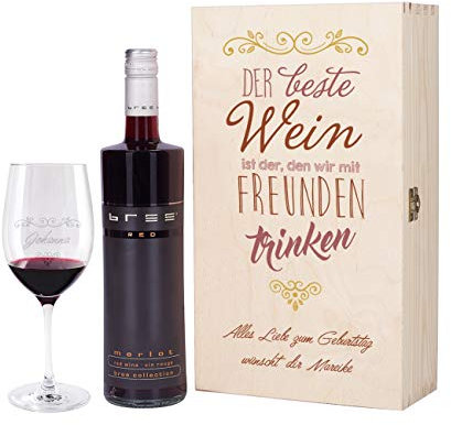Herz & Heim® Wein Geschenkset mit graviertem Weinglas, Bree Wein zur Auswahl in Geschenkbox für Beste Freunde Rot
